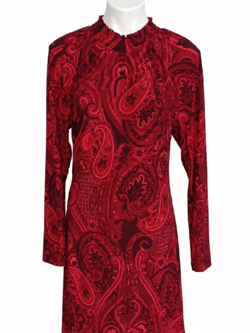 Tommy Hilfiger Size 8 Red Burgundy Paisley Long Sleeve Shift Dress Ruffle Neck